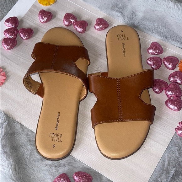 Time and Tru Brown Slide Sandals with Wide Strap and Flat Sole - Picture 2 of 6